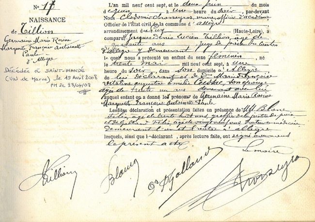 Acte de naissance de Germaine TILLION
