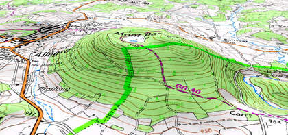 Carte du mont Bar avec courbes de niveaux (IGN)